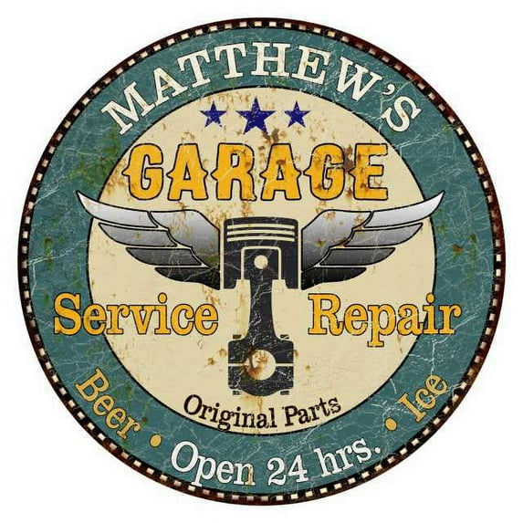 MATTHEW'S Garage 14" Round Metal Sign Man Cave Home Wall Decor 100140027420