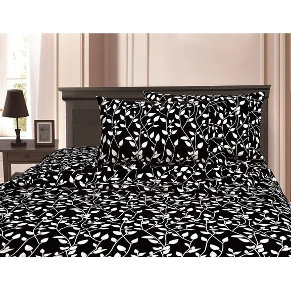 MATTREST ® 1500 Series Super Soft Wrinkle Resistant & Fade Resistant Beautiful Leaf Design 4-Piece Sheet set, Deep Pocket Up to 16" - King Black