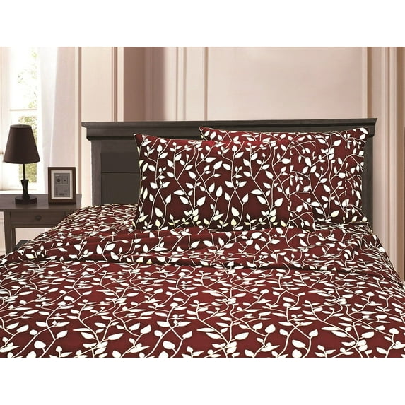 MATTREST ® 1500 Series Super Soft Wrinkle Resistant & Fade Resistant Beautiful Leaf Design 4-Piece Sheet set, Deep Pocket Up to 16" - Queen Burgundy