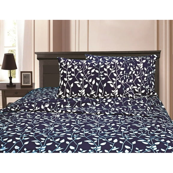 MATTREST ® 1500 Series Super Soft Wrinkle Resistant & Fade Resistant Beautiful Leaf Design 4-Piece Sheet set, Deep Pocket Up to 16" - Queen Navy Blue