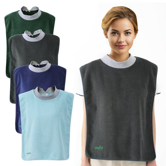 MATZ Adult Bibs Full Coverage Ultra Absorbent Four Cotton Terry Towel Snap-on Bibs with Comfortable Ribbed Neck Gray, Green, Navy & Light Blue