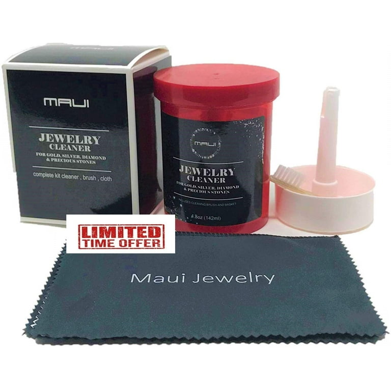 MAI Maui Jewelry CLEANER. Liquid Jewelry Cleaner Complete Kit Solution with Cloth for Gold, Silver, Diamond. Safety Solution Comes with Basket, Brush