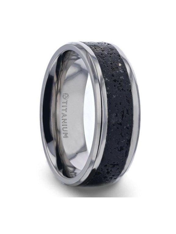 MAUNA Black And Gray Lava Inlaid Titanium Men's Ring Polished Beveled Edges