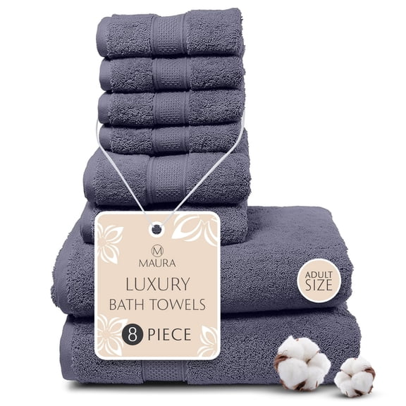 MAURA Indigo Blue Bath Towel Set of 8 for Bathroom. Turkish Cotton Luxury Bath Towels. Extra Large, Thick, Plush & Soft. Hotel & Spa Quality - Denim Blue