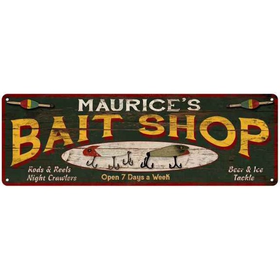 MAURICE'S Bait Shop Sign Wood Look Man Cave Den Gift 6x18 Metal 206180024187