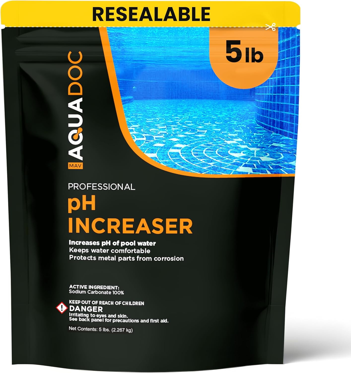 MAV AquaDoc pH Up for Swimming Pools - 5lb - pH Increaser for Pool Water - Sodium Carbonate Soda Ash for Swimming Pools - Pool Chemicals Made in The USA