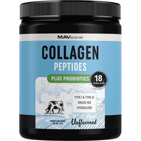 MAV Nutrition Collagen Peptides Powder + Probiotics for Men and Women | Unflavored | Hydrolyzed Collagen Supplement Powder Types I & III - Grass Fed Collagen Powder | 210g