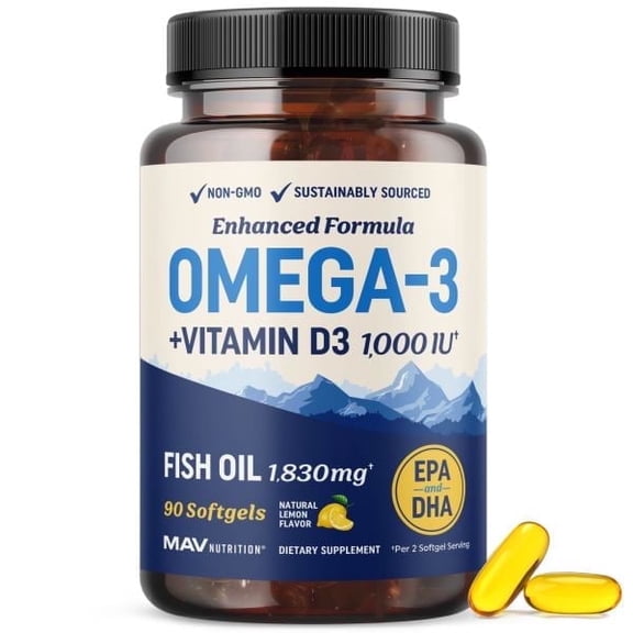 Omega 3 Fish Oil 1280mg with 1000IU Vitamin D3, Heart, Bone & Immune Support, 90 Count