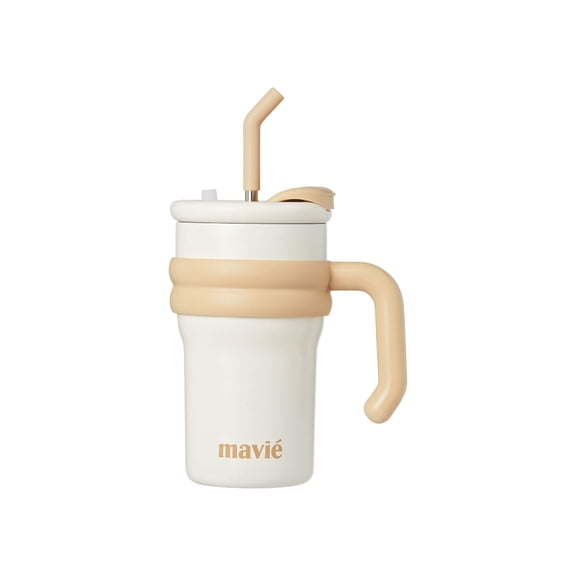 MAVIÉ 17oz Tumbler With Handle & Metal Straw + Silicone Cover & Sip Spout, Double Insulated Stainless Steel Water Bottle With Rubber Base, Leakproof, Cup Holder Friendly Travel Coffee Mug (Beige)