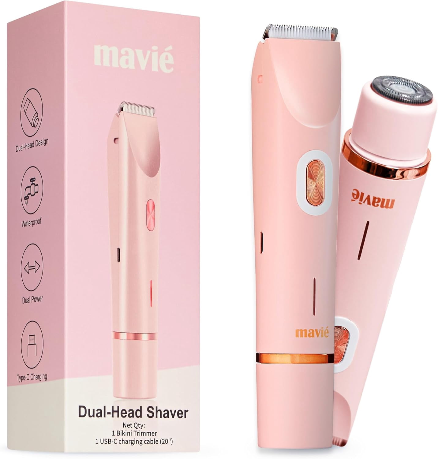 MAVIÉ Dual Head Bikini Trimmer for Women, Electric Razor for Face & Body, Painless Hair Removal Tool, Precision & Body Shaving Heads, Cordless Rechargeable, Portable Grooming Device (Pink)
