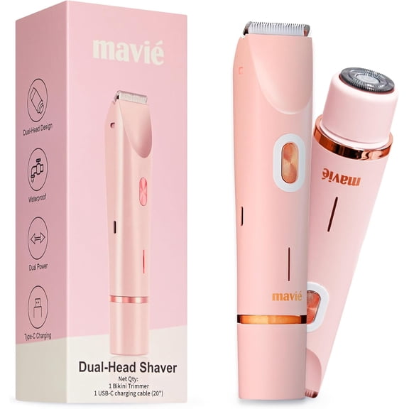 MAVIÉ Dual Head Bikini Trimmer for Women, Electric Razor for Face & Body, Painless Hair Removal Tool, Precision & Body Shaving Heads, Cordless Rechargeable, Portable Grooming Device (Pink)