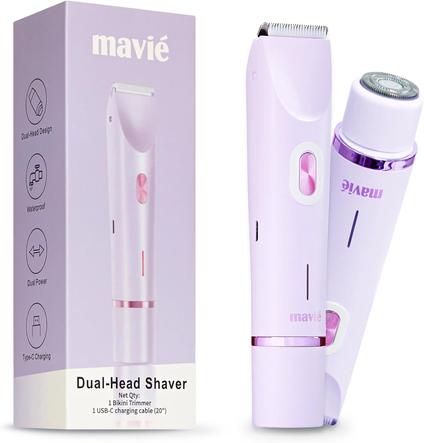 MAVIÉ Dual Head Bikini Trimmer for Women, Electric Razor for Face & Body, Painless Hair Removal Tool, Precision & Body Shaving Heads, Cordless Rechargeable, Portable Grooming Device (Purple)