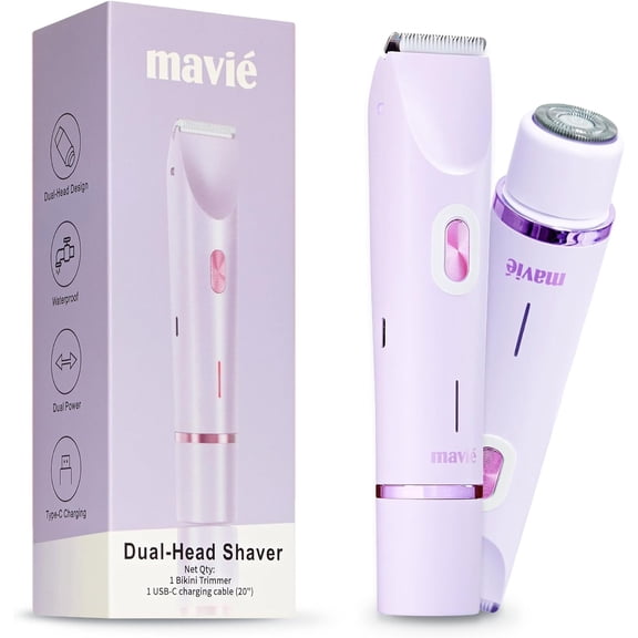 MAVIÉ Dual Head Bikini Trimmer for Women, Electric Razor for Face & Body, Painless Hair Removal Tool, Precision & Body Shaving Heads, Cordless Rechargeable, Portable Grooming Device (Purple)