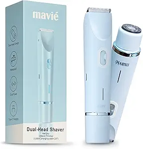 MAVIÉ Dual Head Bikini Trimmer for Women, Electric Razor for Face & Body, Painless Hair Removal Tool, Precision & Body Shaving Heads, Cordless Rechargeable, Portable Grooming Device (Blue)
