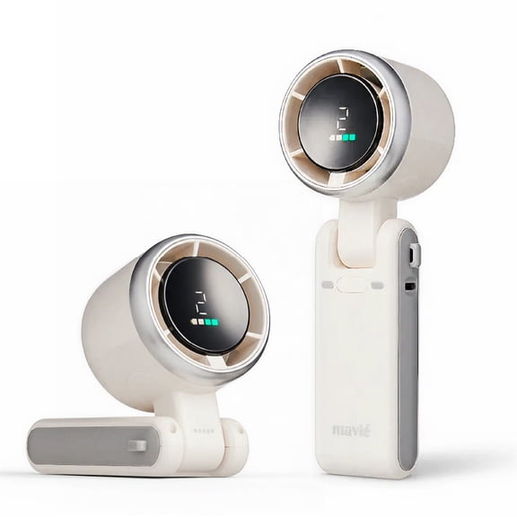 MAVIÉ Portable Handheld Turbo Fan, Rechargeable 3-In-1 Mini Personal Desk & Neck Fan, 5 Speeds & LED Display, Long Battery Life Foldable Design With Lanyard for Travel, Outdoor, Beach, Makeup (White)