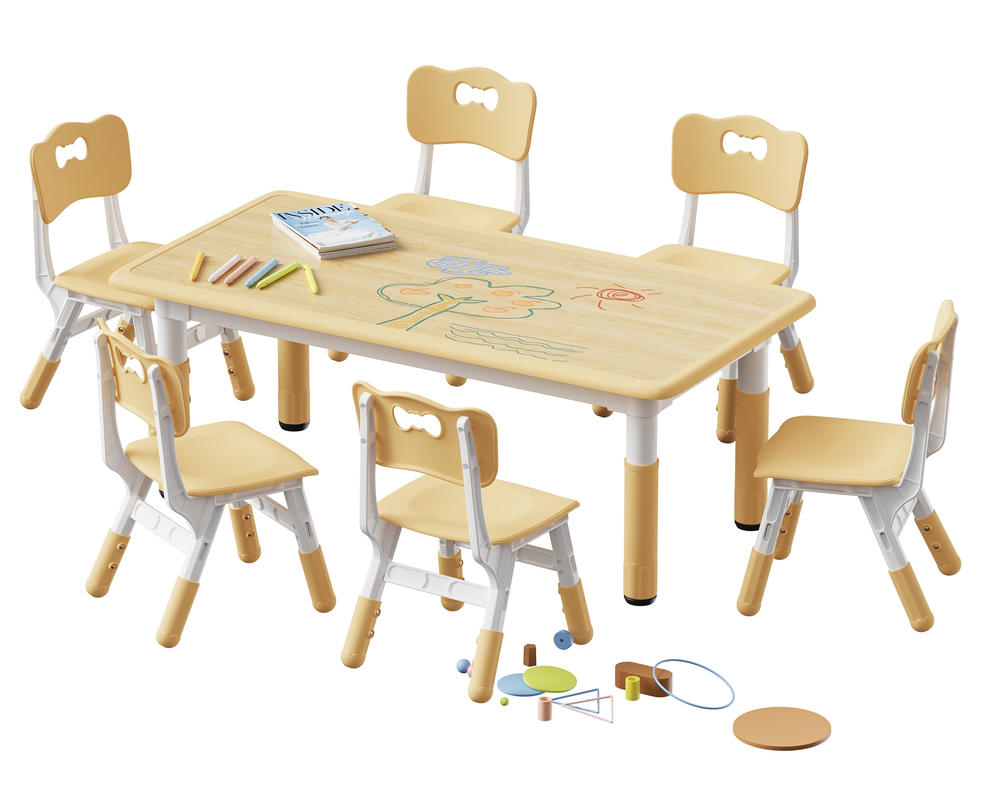 MAVINEX Kids Table and 6 Chairs Set, Height Adjustable, Beige Wood Finish, Toddler Play Table Ages 2-10