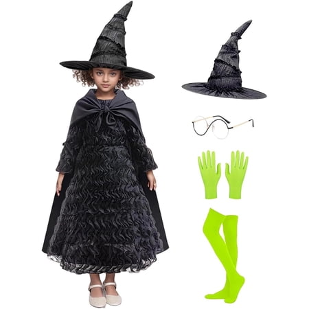 MAVLLY Elphaba Costume Kids Witch Cosplay Black Ruffled Dress Cloak Gloves Pointed Hat Halloween Outfit for Girls
