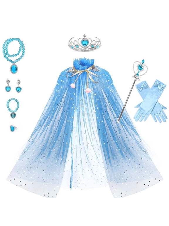 Princess Cosplay Cape Set for girls Halloween Carnival Girl Dress Up Crown Wand Necklace Earrings Rings Gloves Set Accessories Props
