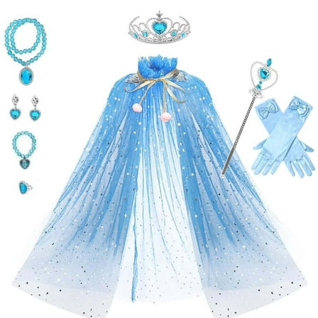 MAVLLY Elsa Anna Belle Cosplay Princess Cape Set for girls Halloween Carnival Girl Dress Up Crown Wand Necklace Earrings Rings Gloves Set Accessories Props