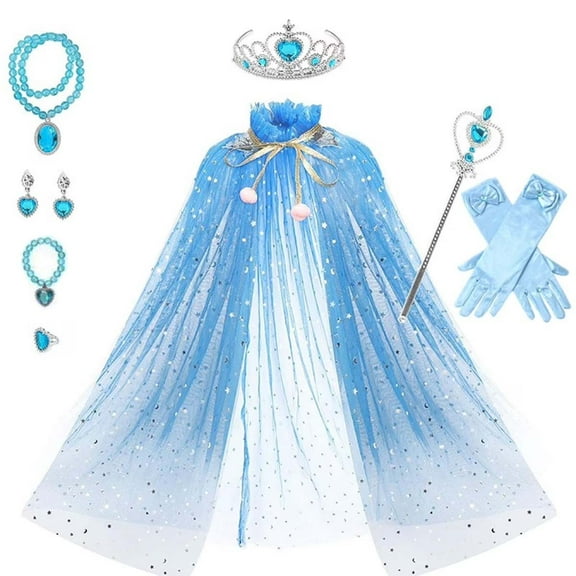 MAVLLY Elsa Anna Belle Cosplay Princess Cape Set for girls Halloween Carnival Girl Dress Up Crown Wand Necklace Earrings Rings Gloves Set Accessories Props