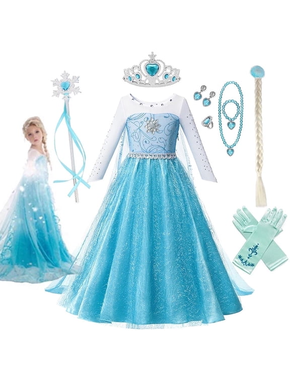 Princess Costume for Girls Cosplay Dress Bling Synthetic Crystal Bodice Snow Queen Princess Party Dress Fancy Children Clothes with Accessories Set 8 (2-12T)