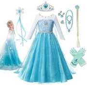 MAVLLY Elsa Costume for Girls Cosplay Dress Bling Synthetic Crystal Bodice Snow Queen Princess Party Dress Fancy Children Clothes with Accessories Set 8 (2-12T)
