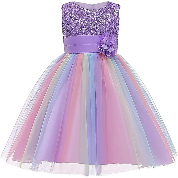 MAVLLY Flower Girls Sequin Party Dress Rainbow Mesh Tulle Princess Lace Ball Gown Prom