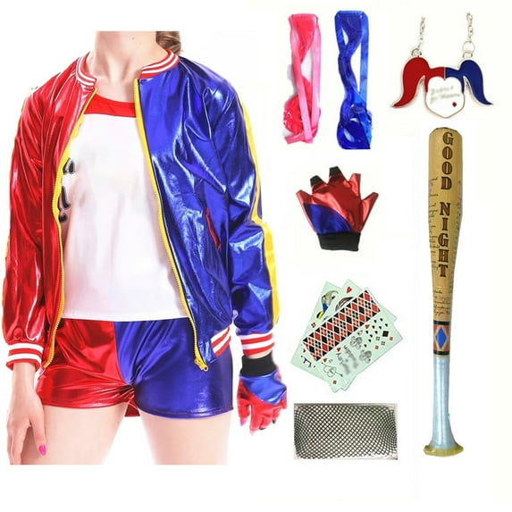 MAVLLY Harley Quinn Costume for Kids Girls Cosplay Outfit 12Pcs with Jackets T-shirt Shorts Stickers Baseball bat