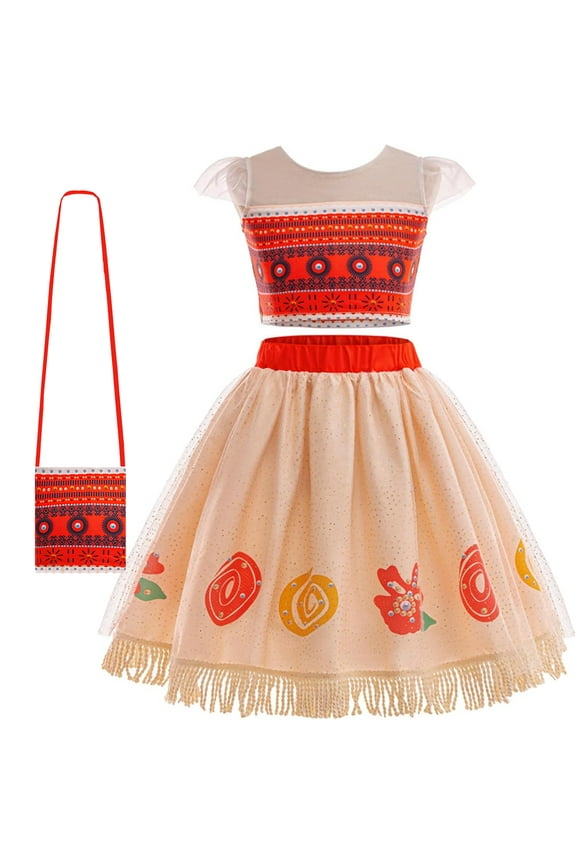 Moana Costume for Girls Kids Crop Top and Skirt 2 Pcs Outfits Princess Dress with Bag for 2-10 Years