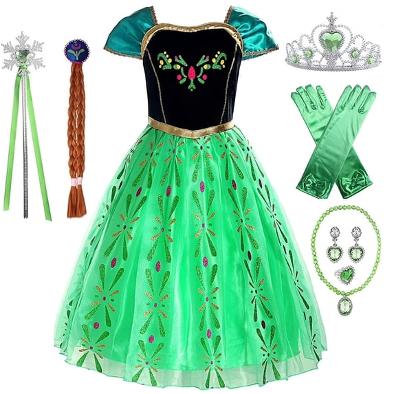 MAVLLY Princess Anna Costume for Girls Green Fancy Anna Dress for Toddler Little Girls Halloween Christmas Birthday Party