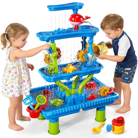 MAVOLIO 4-Tier Rectangular Sand and Water Table for Toddlers, Kids Sensory Toys for Toddlers 3-4, Indoor Outdoor Play Toys for Girls Boys, Multiplayer Interactive Beach Table