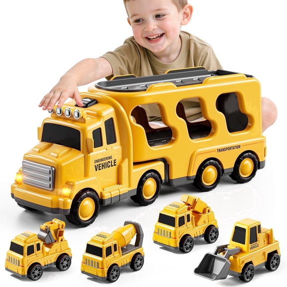 MAVOLIO 5‑in‑1 Construction Truck Toys for Boys, Kids Car Set with Excavator Crane Mixer Bulldozer, Birthday Gift for Toddlers Ages 3‑8