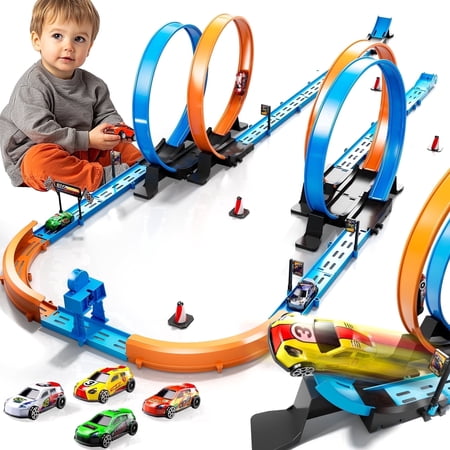 MAVOLIO Toy Car Track Gift Set for Kids, 35+ Pieces Race Tracks with 4 Action Loops and 4 High-Speed Slot Race Cars to Create Multiple Configurations