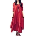 thumbnail image 1 of MAWCLOS Cotton Linen Loose Long Dress Button Down V Neck Asymmetric Hem Maxi Dress Long Sleeve Plain Kaftan Tunic Dress, 1 of 2