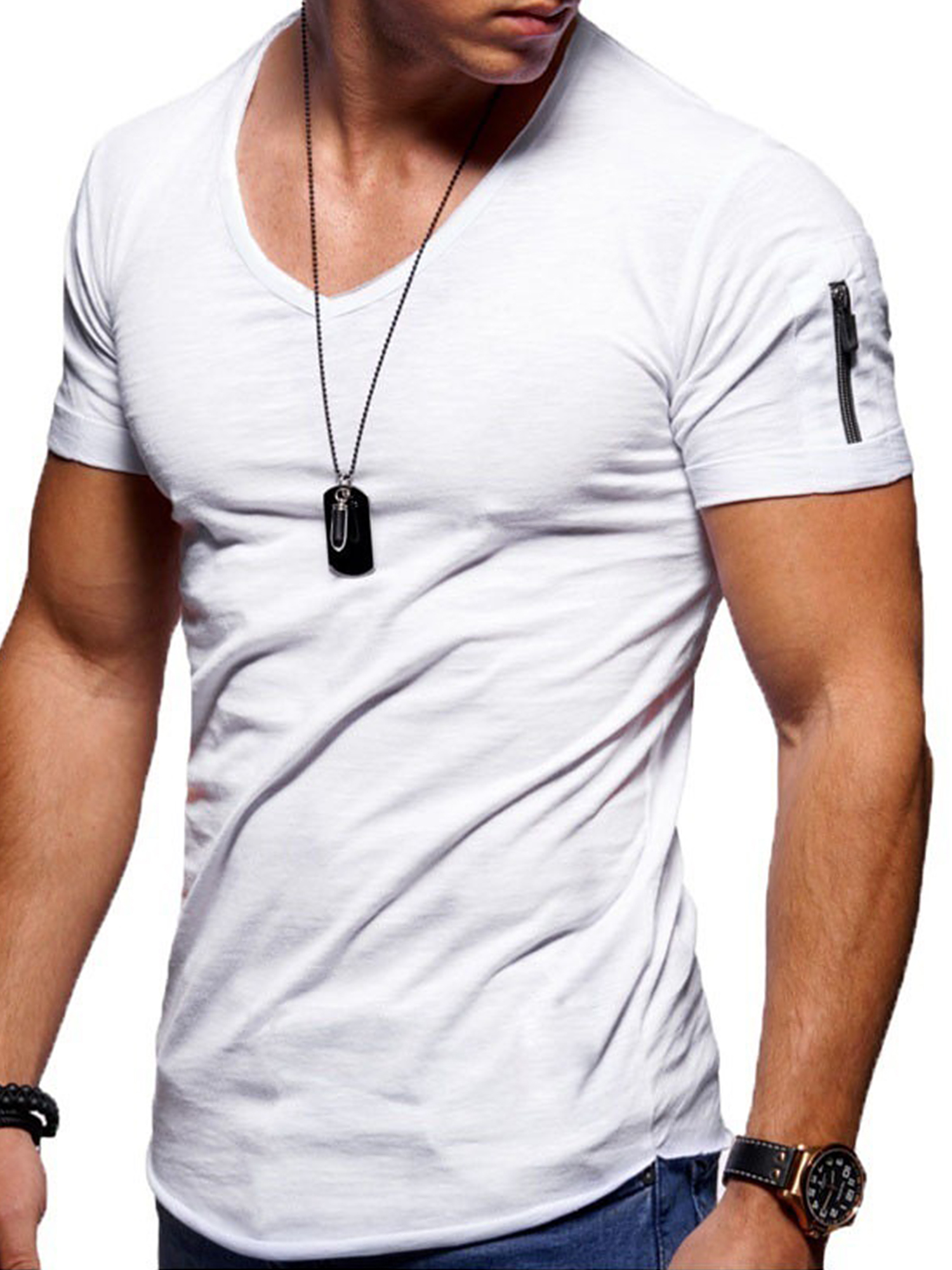 MAWCLOS Fashion Summer Men T shirt Casual Short Sleeve V-neck T-shirts Black White Plus Size V Neck Tops Tee Shirt Slim Fit - image 1 of 2
