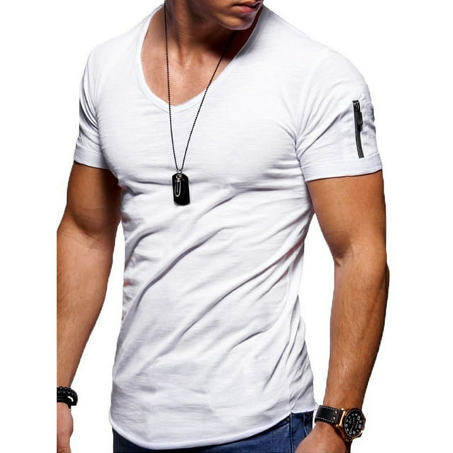 MAWCLOS Fashion Summer Men T shirt Casual Short Sleeve V-neck T-shirts Black White Plus Size V Neck Tops Tee Shirt Slim Fit
