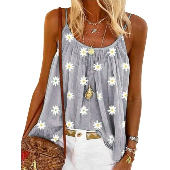 MAWCLOS Flower Print Vest, Flowy Tank Top for Women, Daisy Print Cami, Pleated Dressy Swing Spaghetti Strap Camisole Silver M