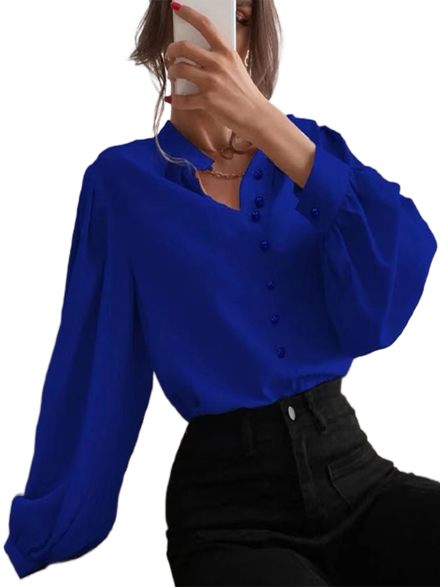 MAWCLOS Ladies Shirts Blouse Business Sleeves Tunic Shirt Lantern Baggy XL Tops Casual Black Work Plain
