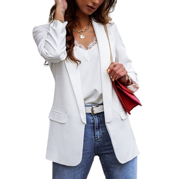 MAWCLOS Ladies Long Sleeve Cardigan Jacket OL Office Outwear Suit Neck Casual Work Coat Blazers White S