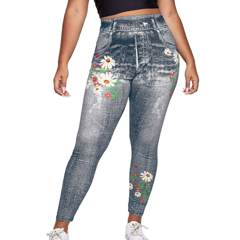 MAWCLOS Ladies Plus Size Leggings Look Print Fake Jeans Seamless Oversized  Faux Denim Pant Women Stretch Pencil Pants Yoga Jeggings Style-D 1XL 