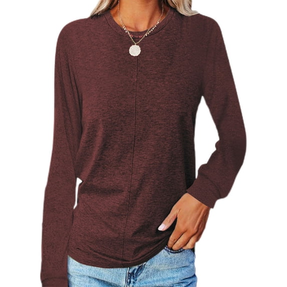 MAWCLOS Ladies Tee Crew Neck T Shirt Long Sleeve T-shirt Women Loose Tunic Blouse Work Tops Wine Red XXL