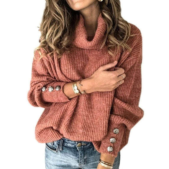 MAWCLOS Ladies Turtleneck Sweater Loose Winter Knitted Sweaters Solid Color Casual Fall Jumper Tops Pullover