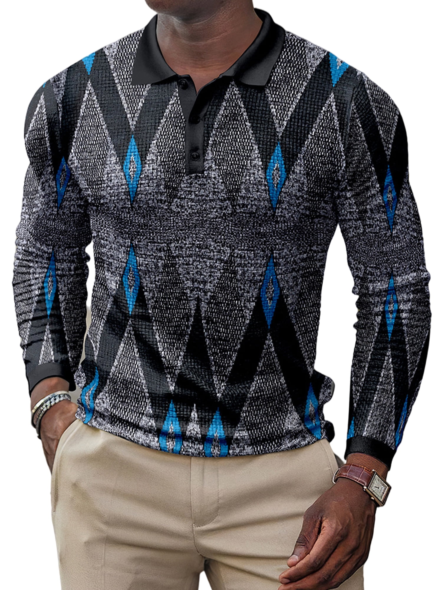 MAWCLOS Long Sleeve Polo Shirt for Men Casual Print Button Up Henley