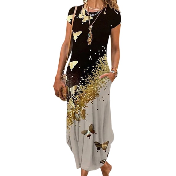 MAWCLOS Maxi Dresses for Women Short Sleeve Split T Shirt Dress Summer Floral Beach Long Sundress with Pocket