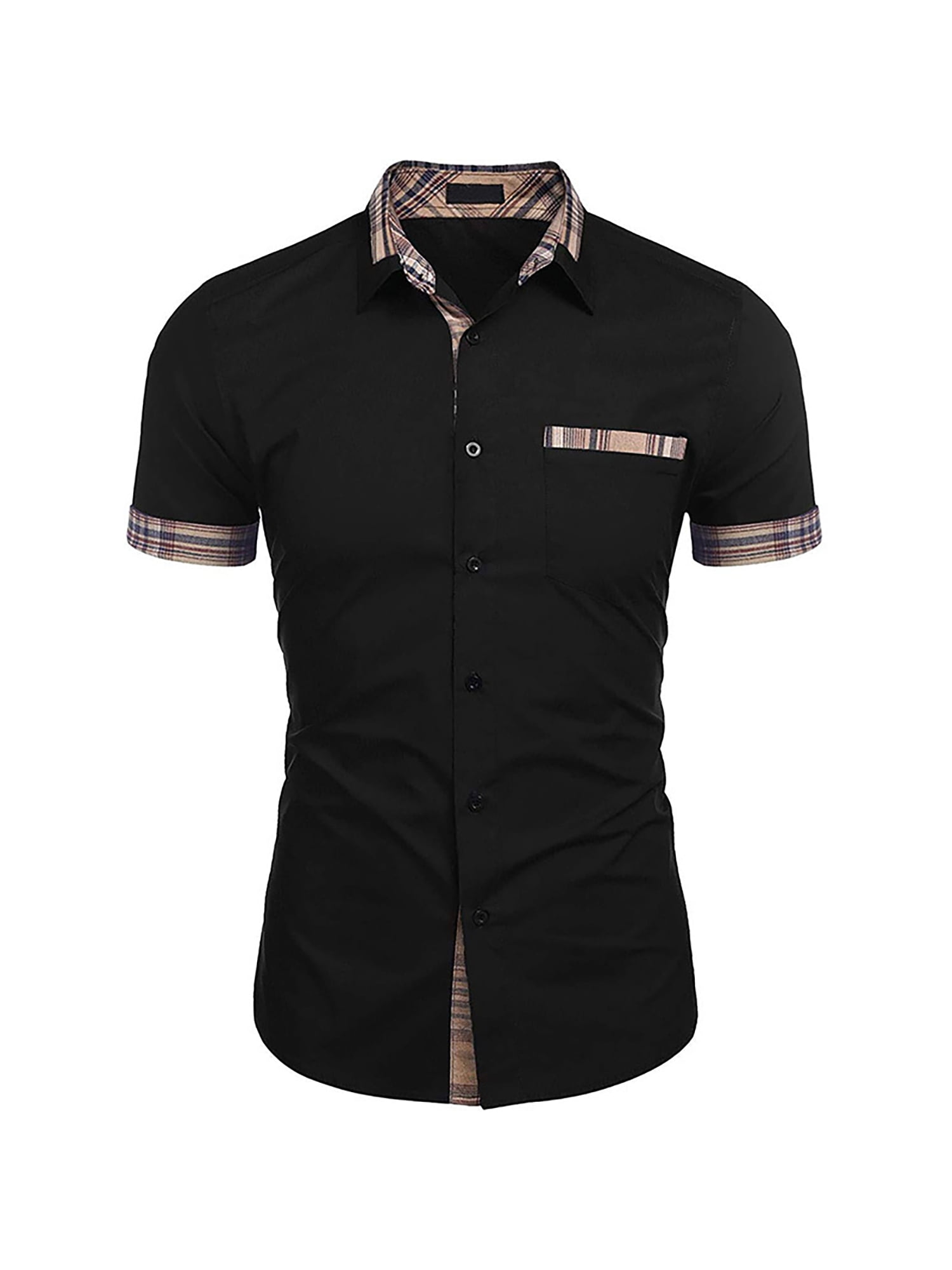 MAWCLOS Men Summer Casual Short Sleeve Button Down Shirt Cotton Stripe Plaid Collar Business