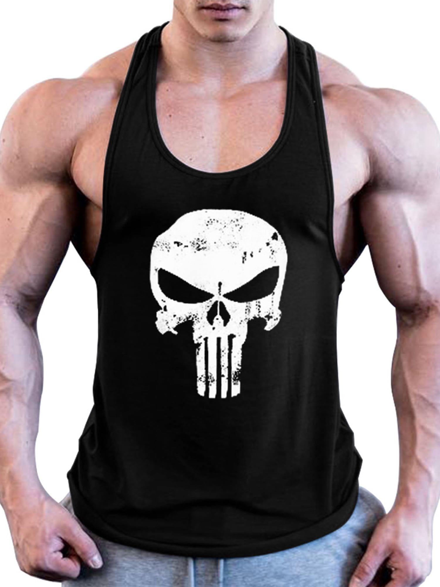 MAWCLOS Stylish Skull Printed Bodybuilding Fitness Stringers Shirt Men ...