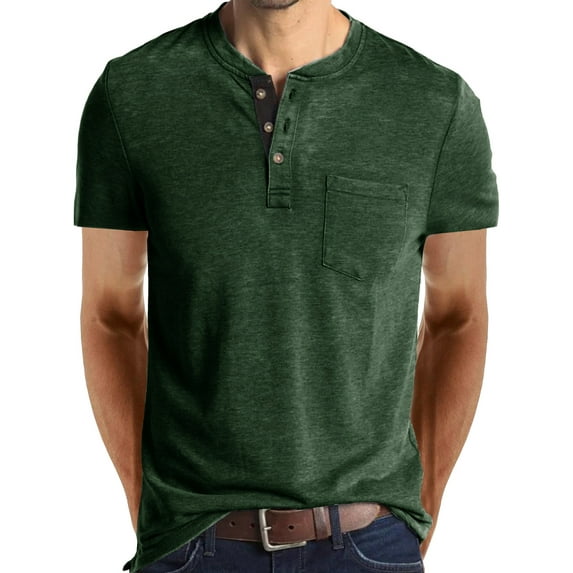 MAWCLOS Mens Henley Collar Summer Tops Front Pocket Sport T Shirts Short Sleeve Regular Fit Work Blouse Pullover Green S