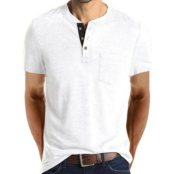 MAWCLOS Mens Henley Collar Summer Tops Front Pocket Sport T Shirts Short Sleeve Regular Fit Work Blouse Pullover White M