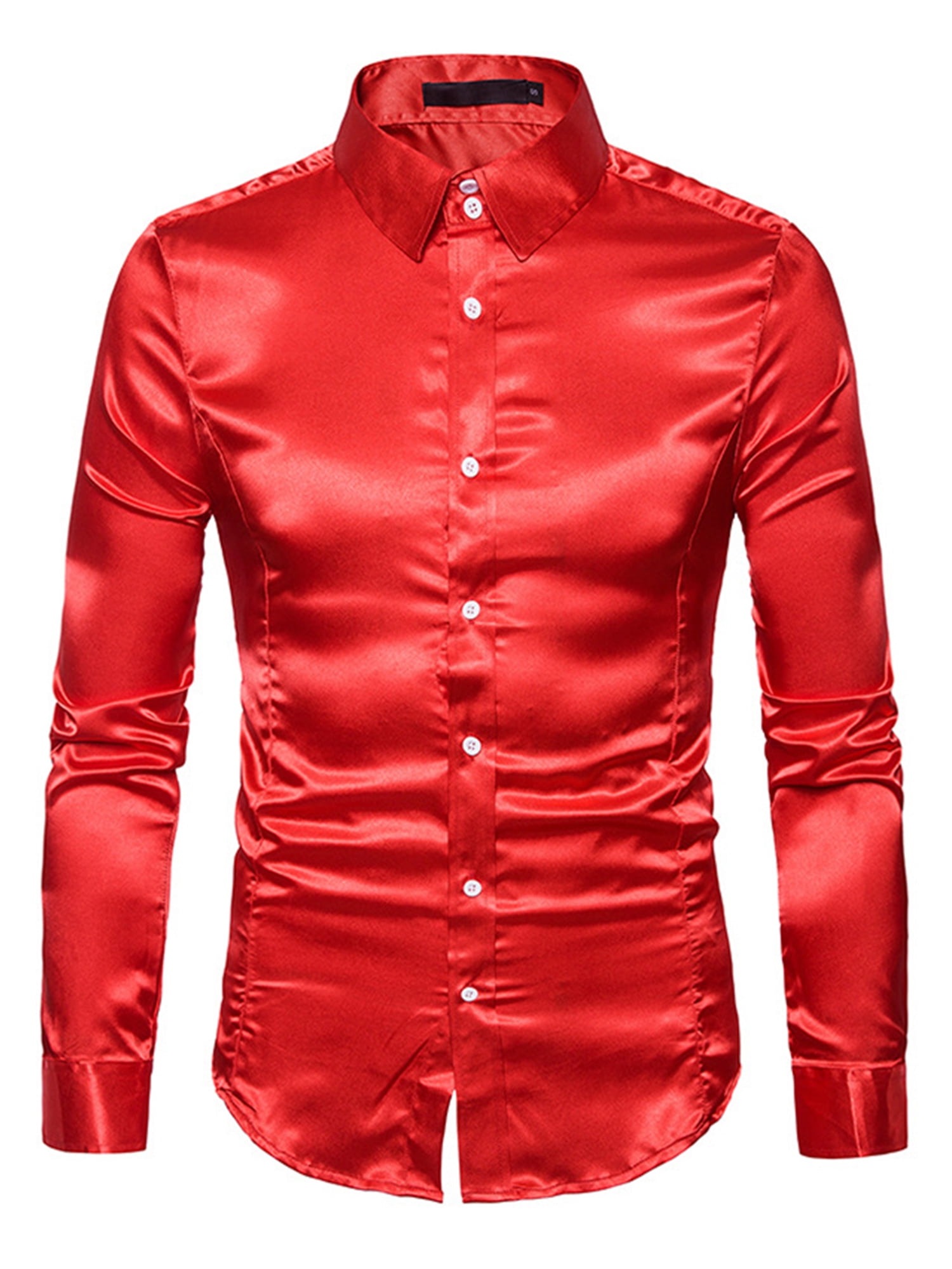 MAWCLOS Mens Luxury Shiny Silk Like Satin Shirts Long Sleeve Slim