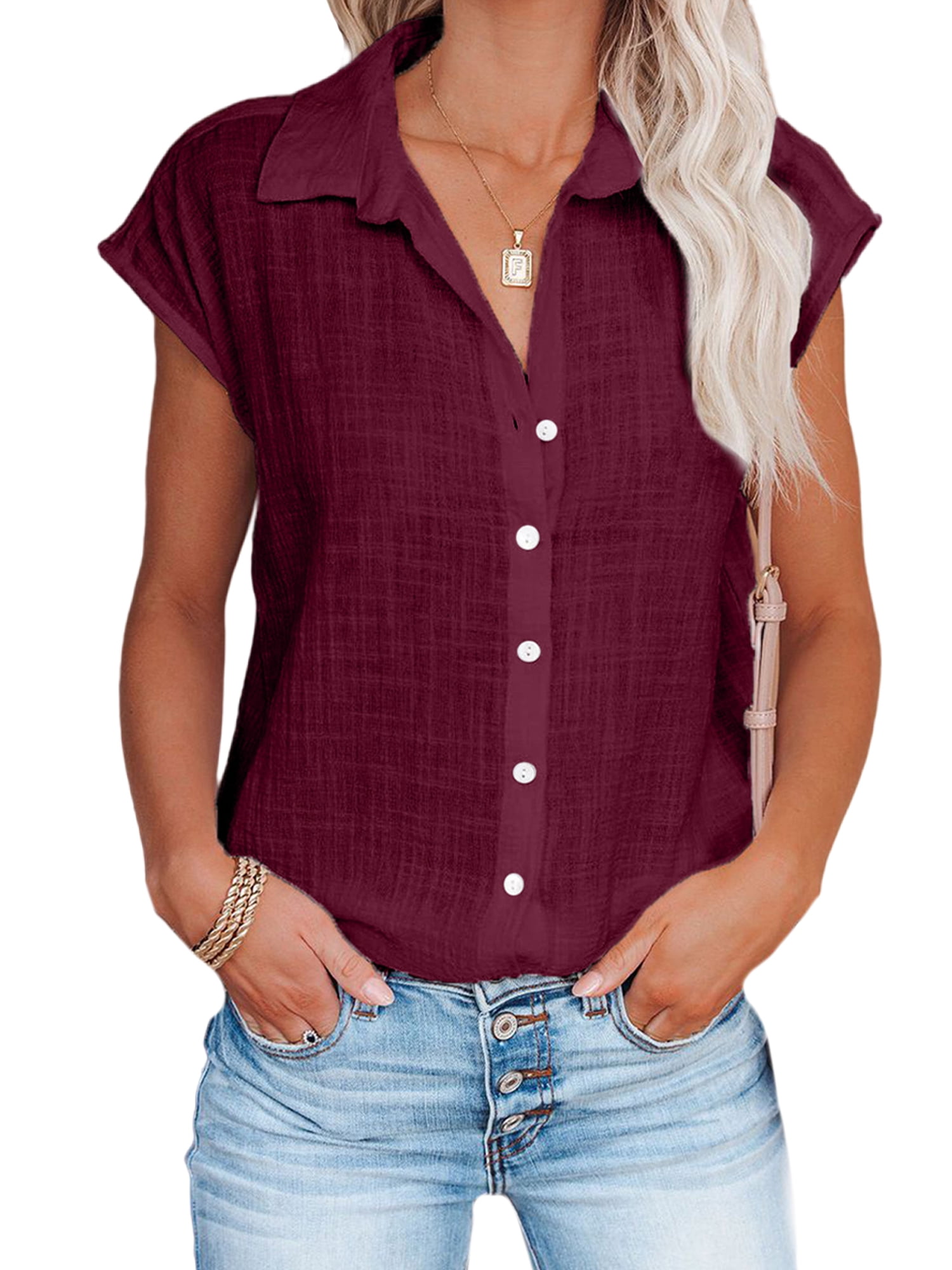 Button Down Shirts for Women Lapel Solid Color Short Sleeve Cardigan Summer  Casual Baggy Comfy Blouse Tops